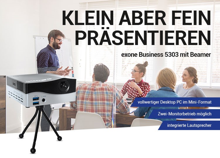 KLEIN ABER FEIN PRÄSENTIEREN - exone Business 5303 mit Beamer - vollwertiger Desktop PC im Mini-Format - Zwei-Monitorbetrieb möglich - integrierte Lautsprecher